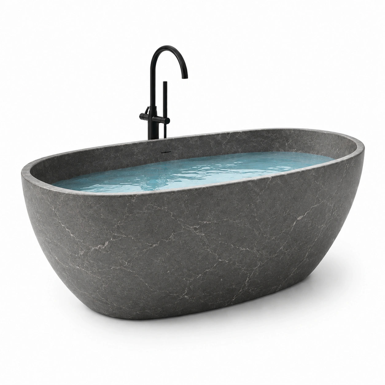 Baignoire îlot ovale en composite minéral anthracite effet marbre, 170 x 80 x 58 cm, style contemporain