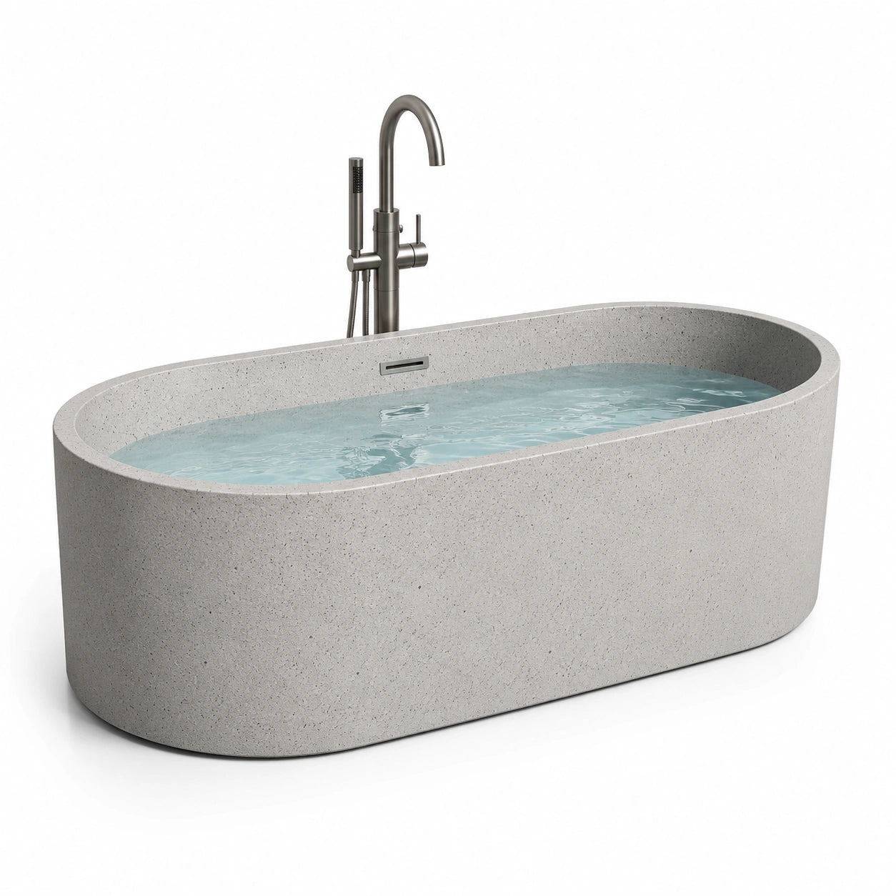 Baignoire îlot ovale en résine minérale gris clair effet pierre, 170 x 80 x 58 cm