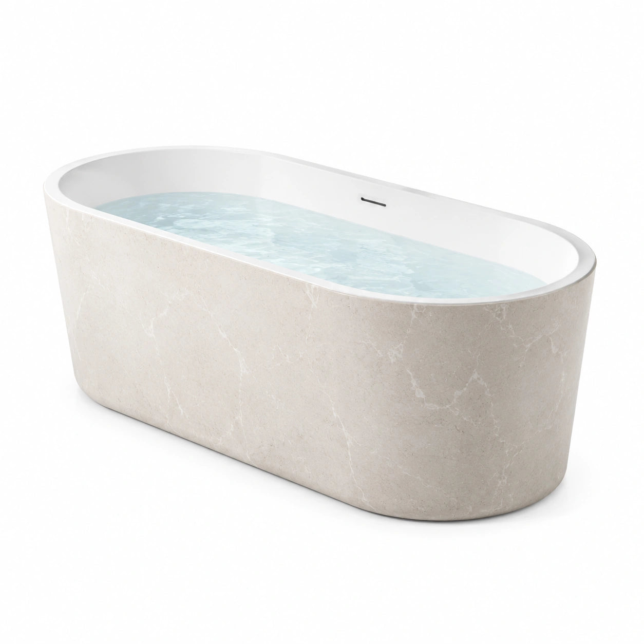 Baignoire îlot ovale en résine minérale beige et blanche, 170 x 80 x 58 cm, finition effet marbre