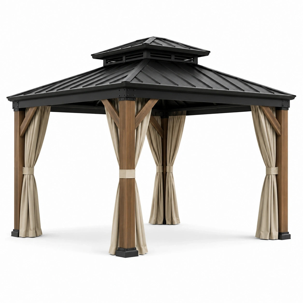 Pavillon de jardin en bois et métal noir avec rideaux beiges et toit rigide ventilé, 360 x 360 x 310 cm