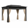 Pergola de jardin autoportante en métal anthracite avec toit rigide et rideaux beiges, 400 x 300 x 270 cm