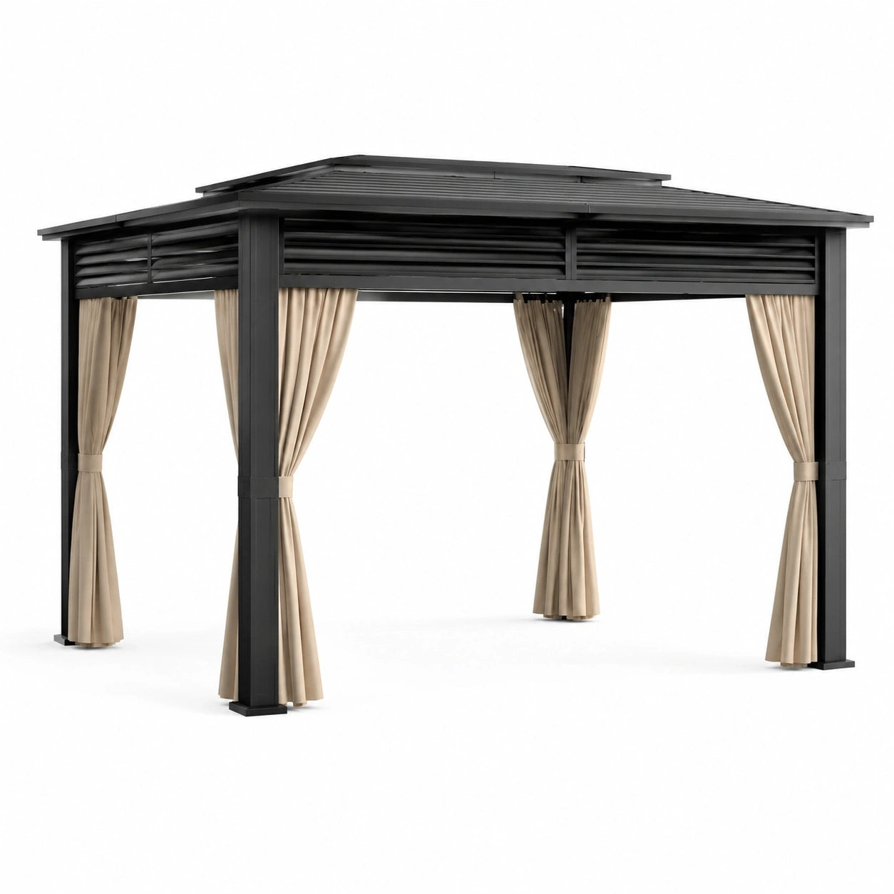 Pergola de jardin autoportante en métal anthracite avec toit rigide et rideaux beiges, 400 x 300 x 270 cm