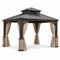 Pavillon de jardin anthracite avec rideaux beiges et poteaux effet pierre, 430 x 365 x 315 cm