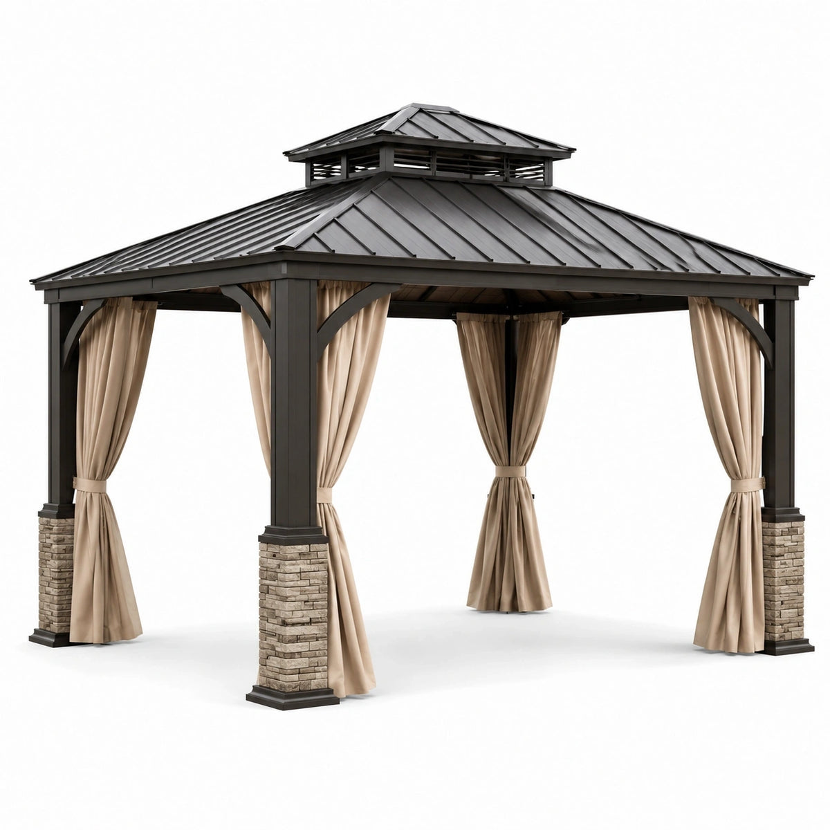 Pavillon de jardin anthracite avec rideaux beiges et poteaux effet pierre, 430 x 365 x 315 cm