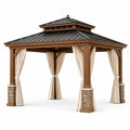 Pavillon de jardin en bois brun 300 x 300 x 300 cm avec toit métallique noir et rideaux écrus