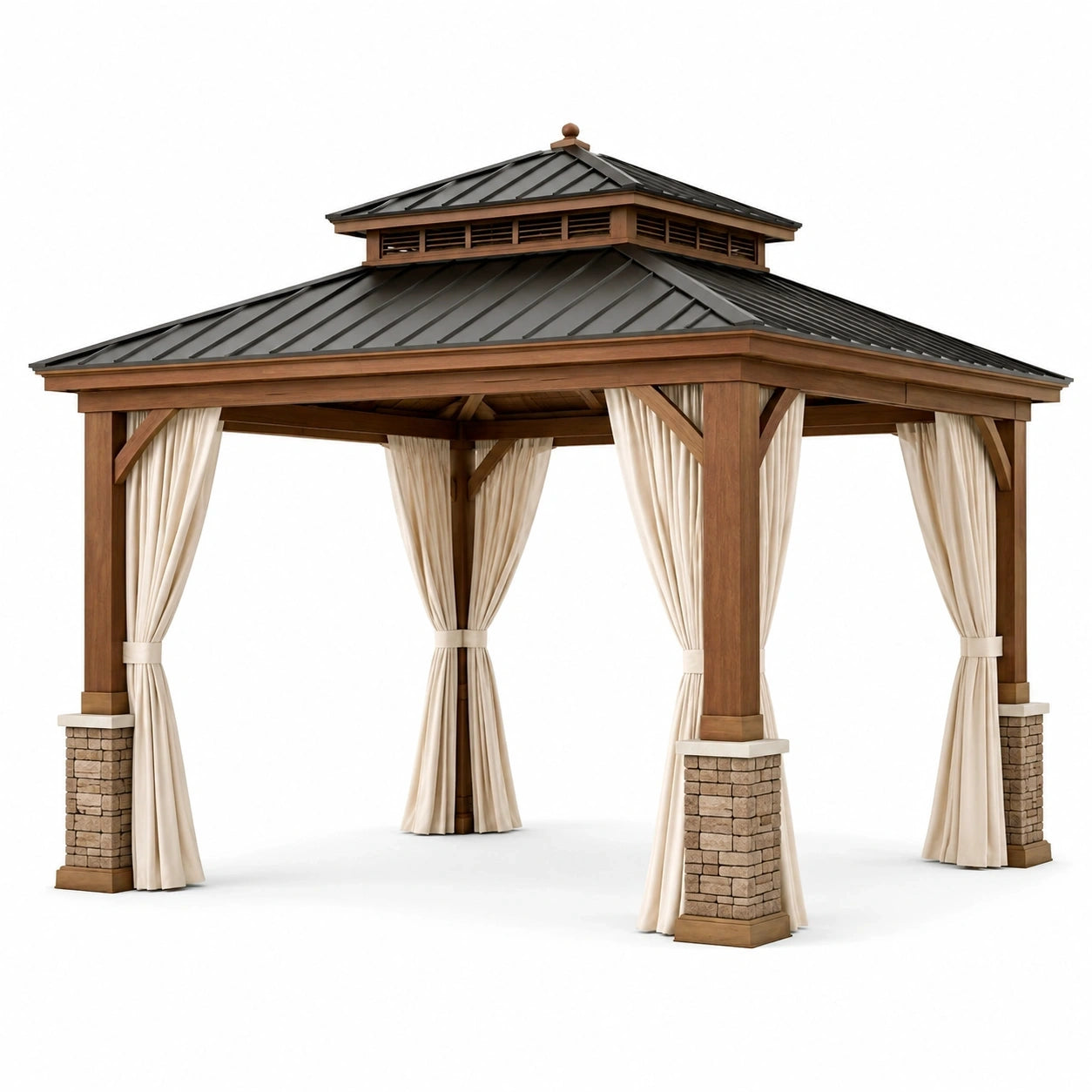 Pavillon de jardin en bois brun 300 x 300 x 300 cm avec toit métallique noir et rideaux écrus