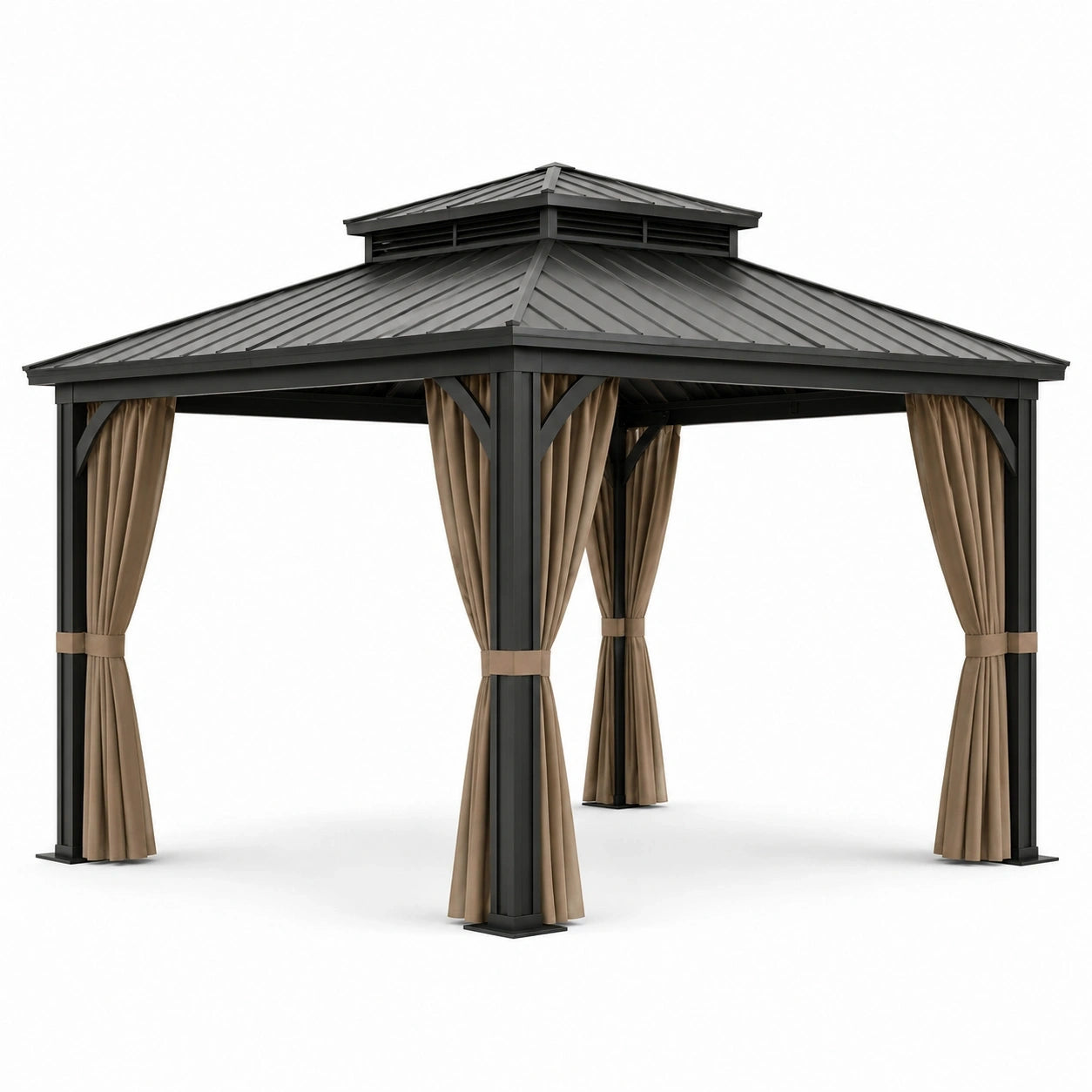 Tonnelle de jardin anthracite et taupe avec toit rigide ventilé et rideaux – 360 x 430 x 320 cm