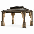 Pavillon de jardin brun avec toit rigide et rideaux beiges, 400 x 300 x 300 cm