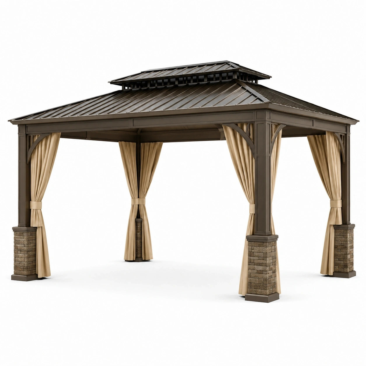 Pavillon de jardin brun avec toit rigide et rideaux beiges, 400 x 300 x 300 cm