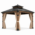 Tonnelle de jardin 300 x 300 x 290 cm avec toit rigide noir, structure aspect bois brun et rideaux beiges