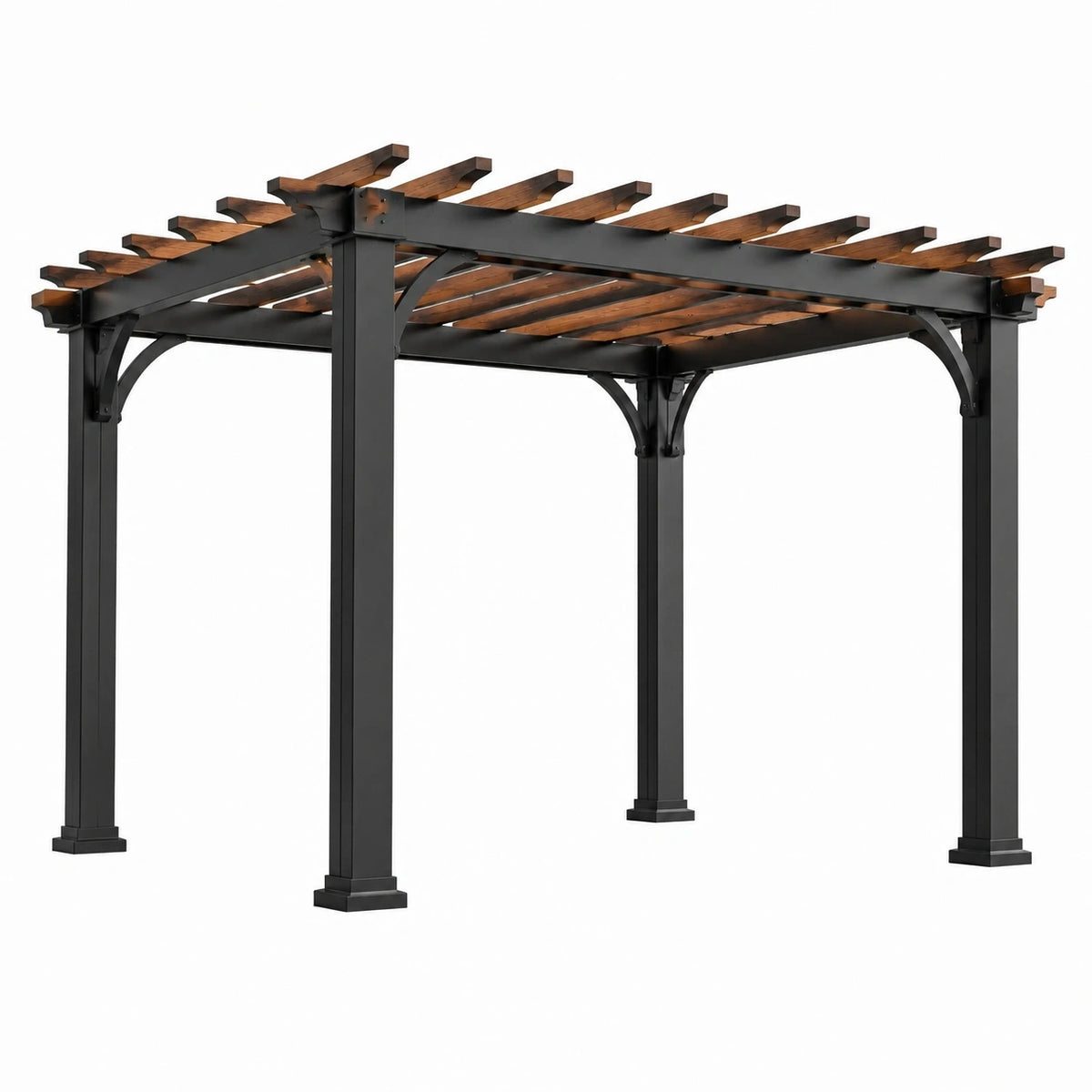 Pergola en acier noir et bois brun avec toiture ajourée, 366 x 305 x 250 cm