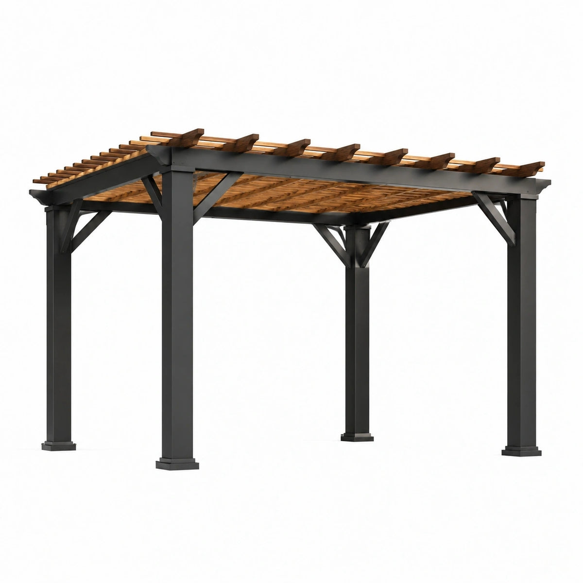 Pergola autoportante 400 x 300 x 250 cm en aluminium anthracite et bois marron avec toit ajouré