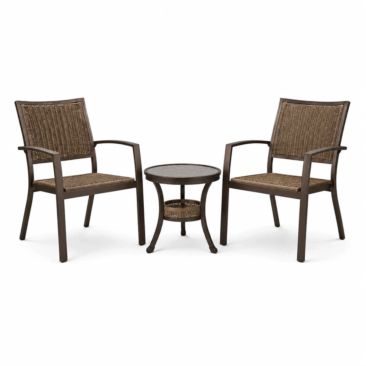 Salon de jardin 3 pièces brun foncé et brun naturel avec 2 fauteuils 58 x 62 x 91 cm et table ronde Ø 50 x 55 cm