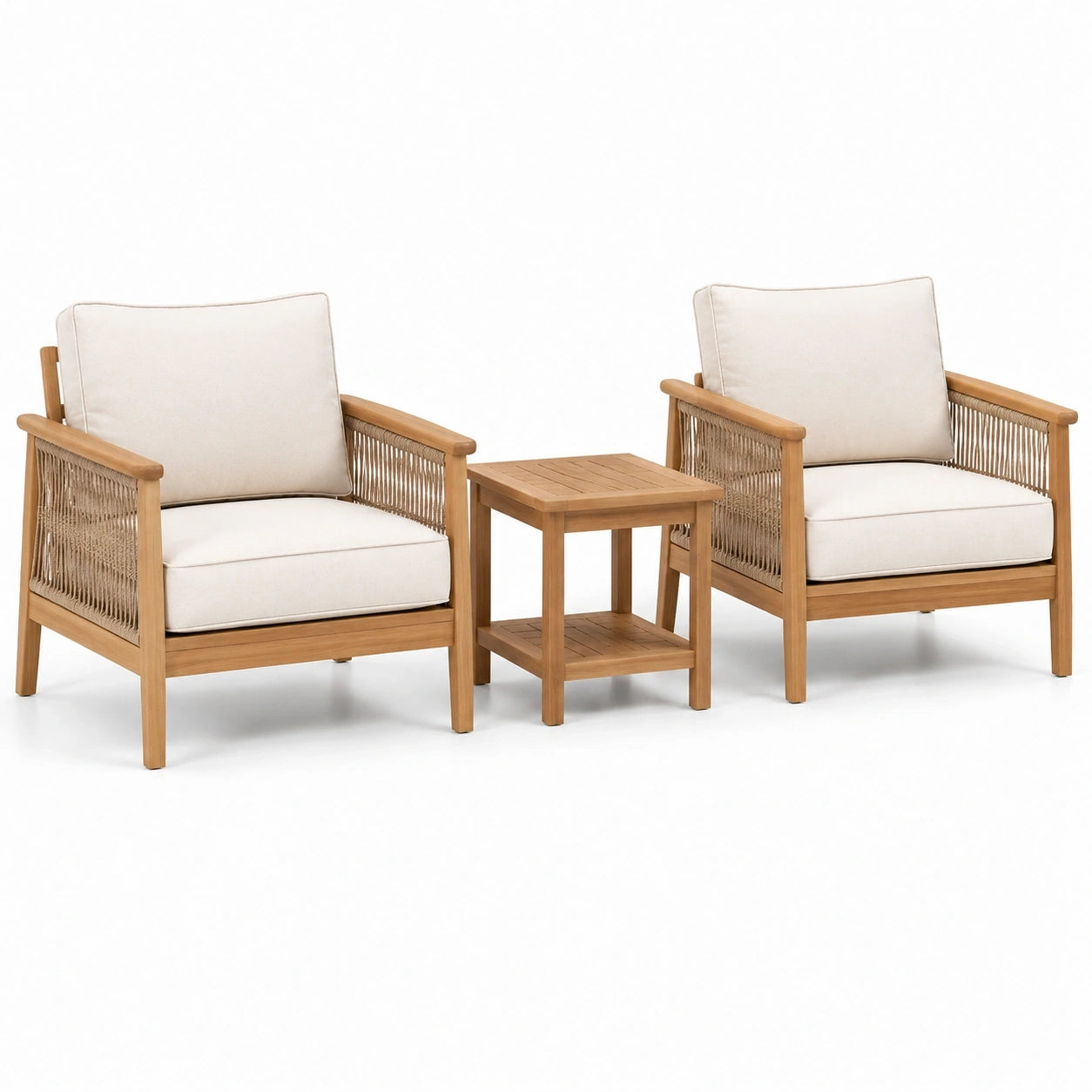 Ensemble de jardin 3 pièces en bois naturel et corde beige clair, 2 fauteuils 76 x 78 x 82 cm et table 50 x 50 x 52 cm
