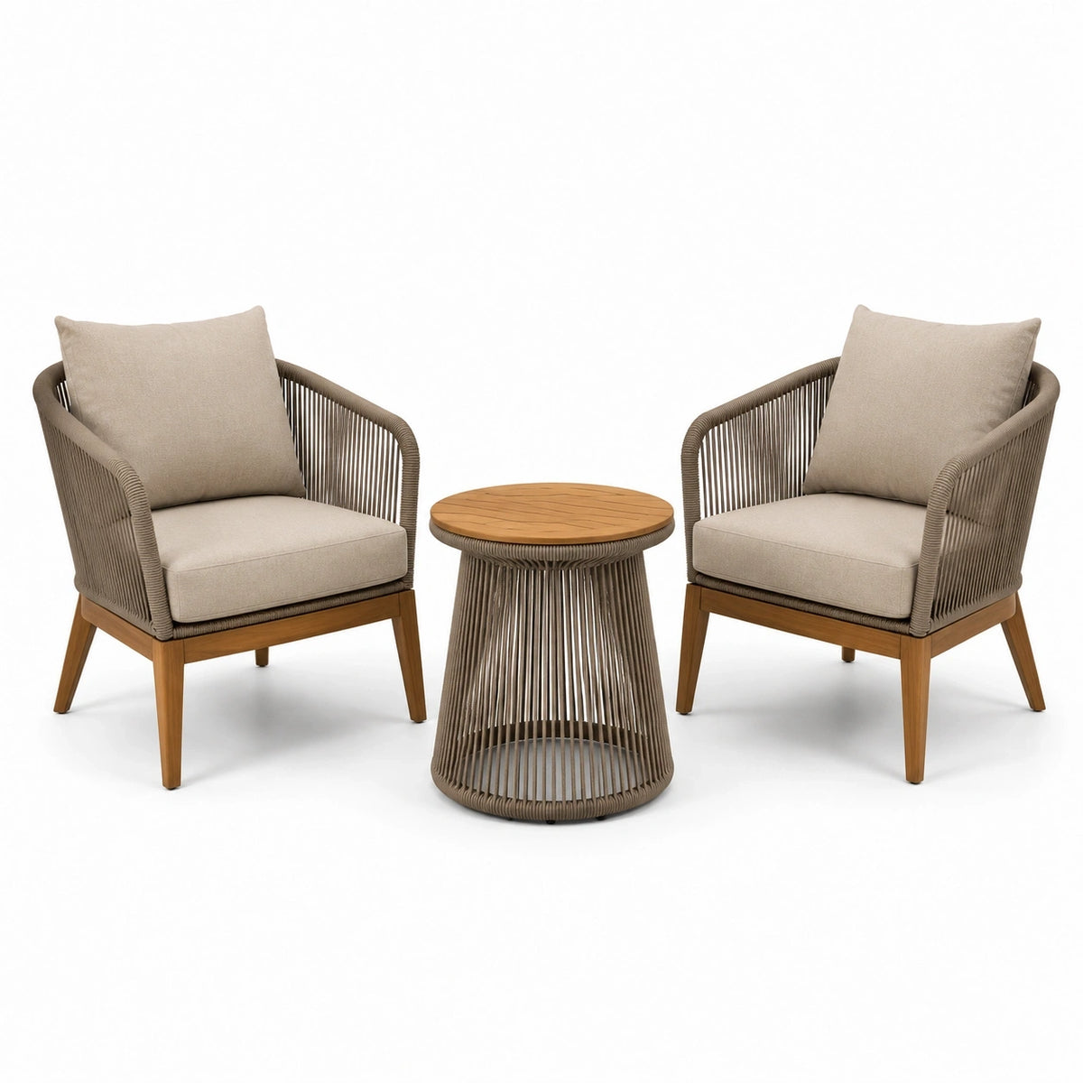 Ensemble 3 pièces avec 2 fauteuils 75 x 78 x 82 cm et table ronde Ø 60 x 55 cm, taupe, beige et marron