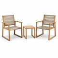 Ensemble extérieur 3 pièces en bois naturel et corde beige avec 2 fauteuils de 60 x 62 x 85 cm et table de 45 x 45 x 45 cm