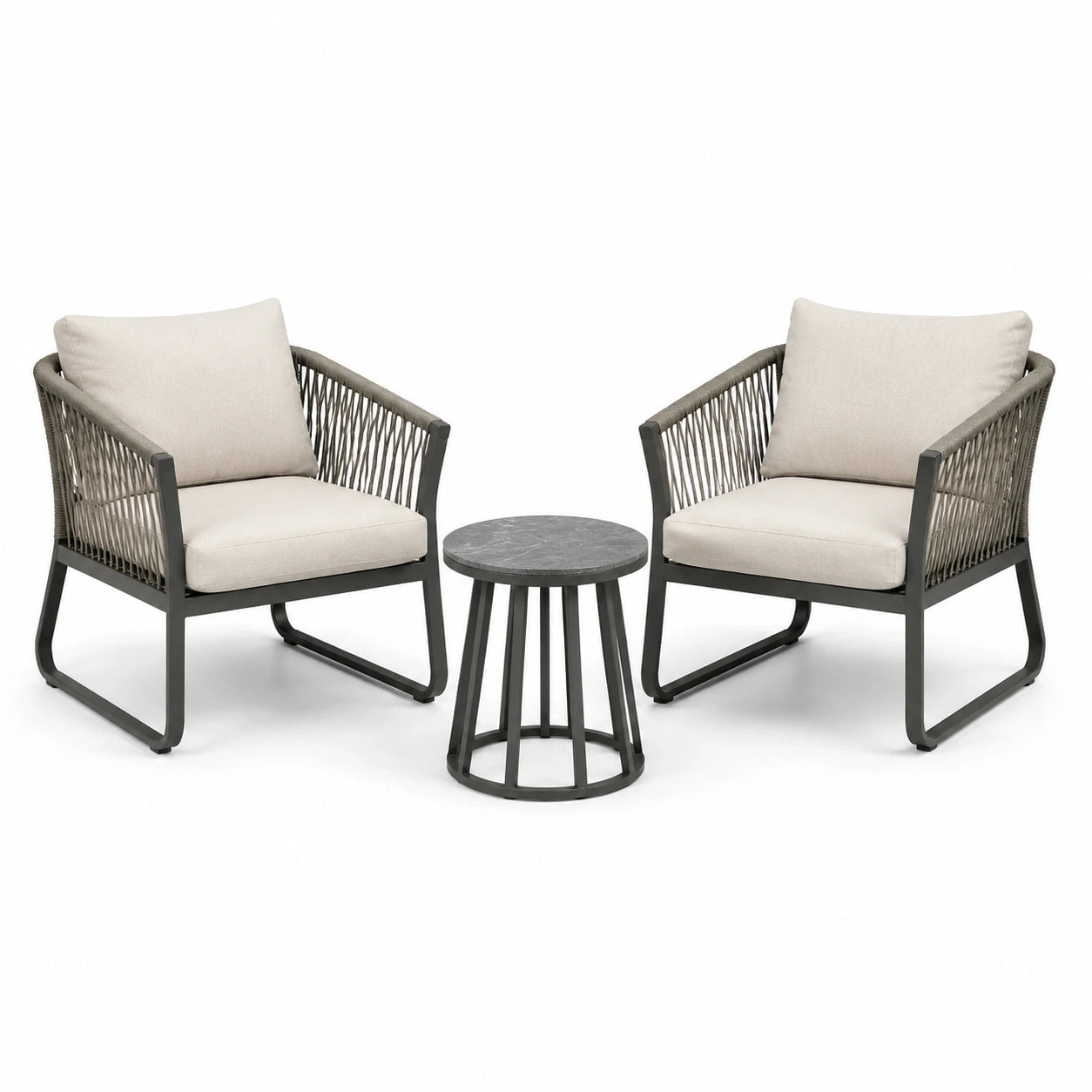 Ensemble extérieur 3 pièces beige, gris et anthracite, 2 fauteuils 68 x 72 x 78 cm et table ronde 50 x 48 cm