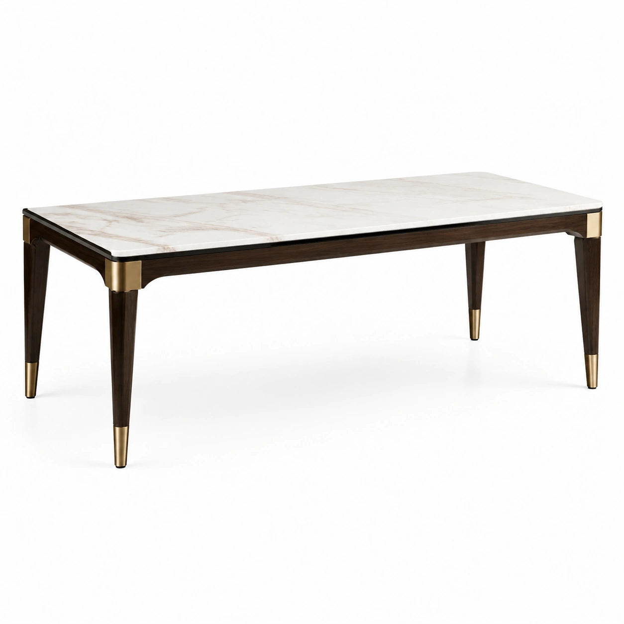 Table à manger rectangulaire contemporaine 180 x 90 x 76 cm, effet marbre blanc, bois brun et finitions dorées