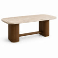 Table à manger contemporaine 180 x 80 x 76 cm, effet travertin beige, piètement cannelé marron et doré