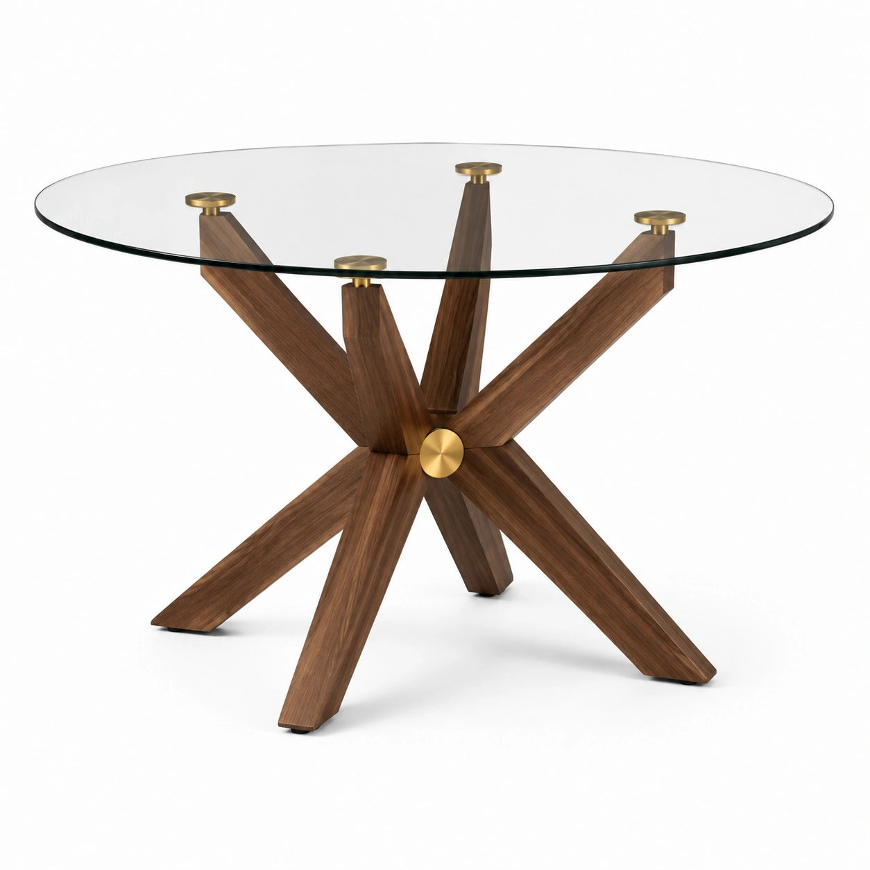Table à manger ronde en verre transparent et bois brun avec détails dorés, Ø 120 x H 75 cm
