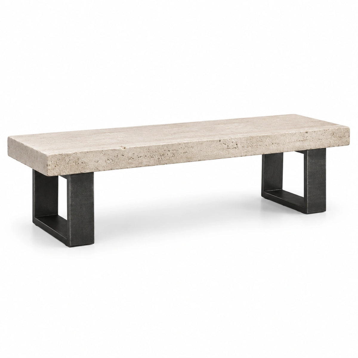 Banc d'intérieur en pierre beige et métal noir, 160 x 40 x 45 cm