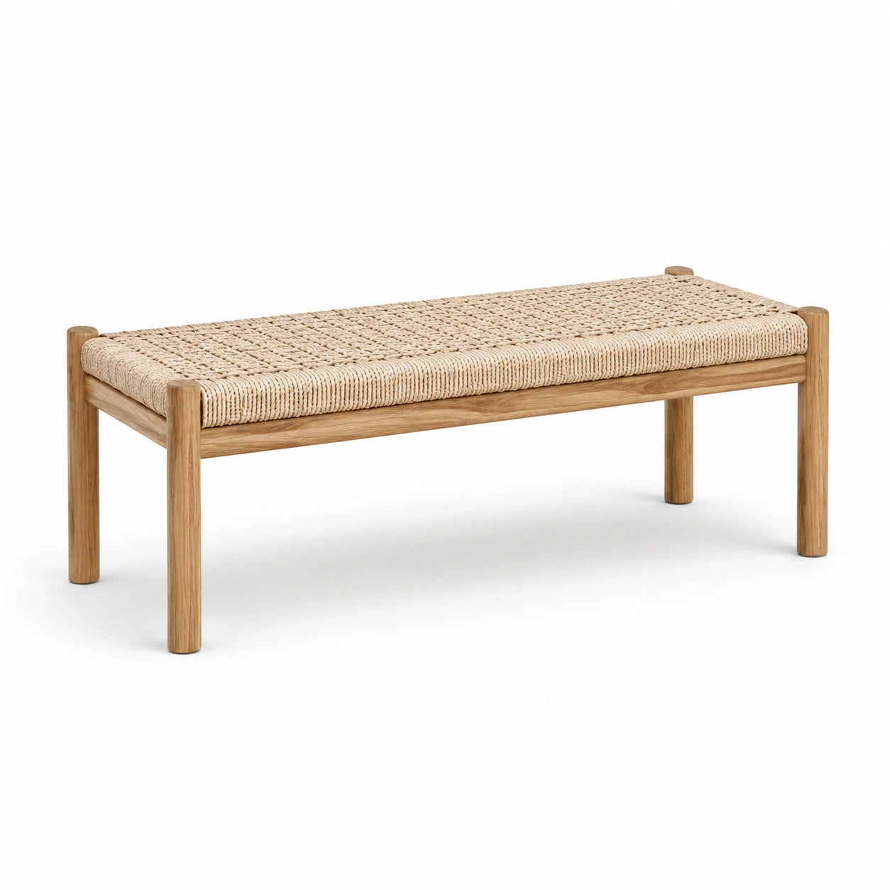 Banc en bois naturel avec assise en corde tressée beige, 120 x 40 x 45 cm, style contemporain