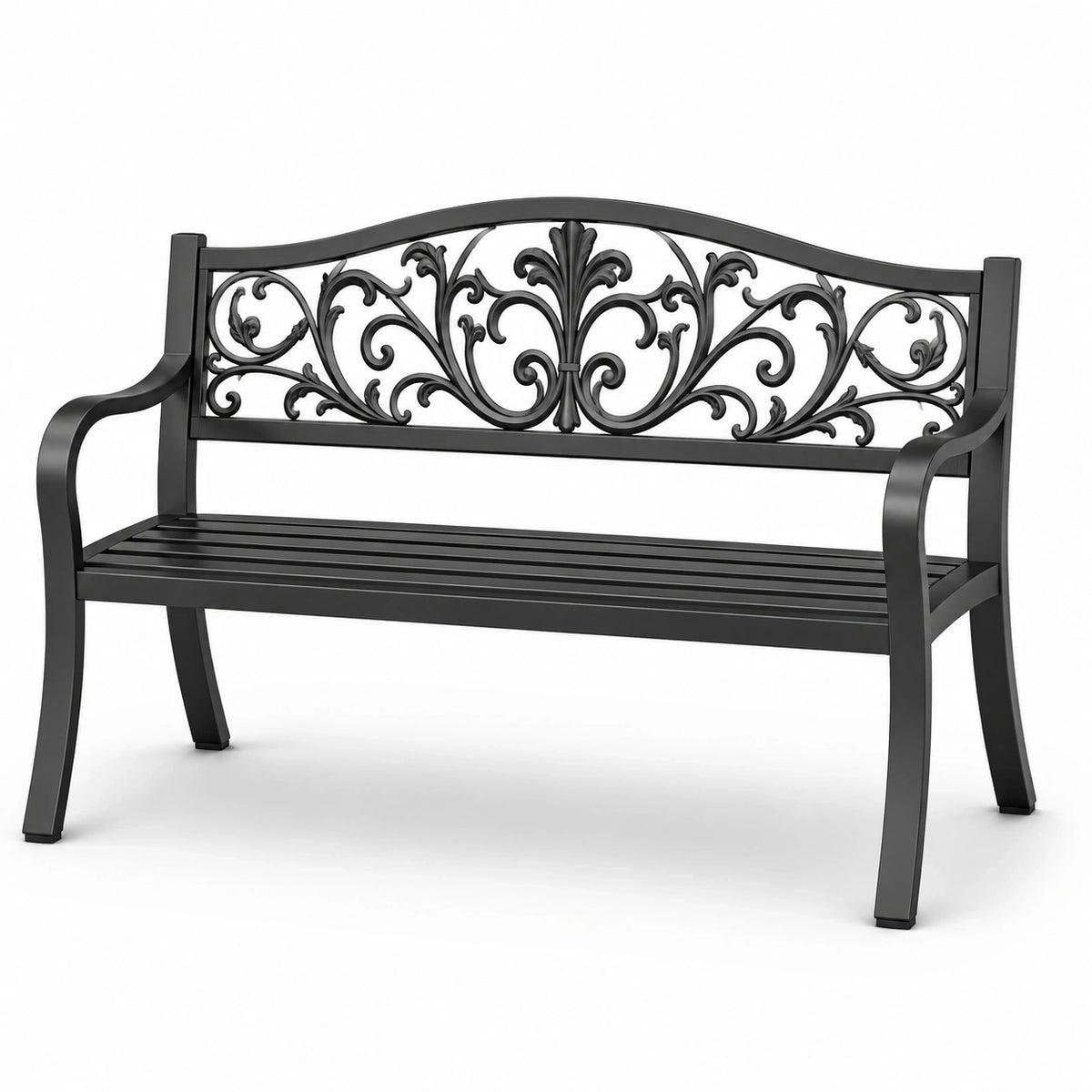 Banc de jardin 2 places en métal noir avec dossier floral, 127 x 60 x 87 cm