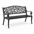 Banc de jardin en métal noir 127 x 60 x 86 cm avec dossier à motif de feuillage et assise à lattes
