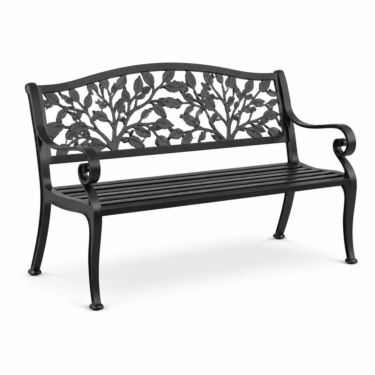Banc de jardin en métal noir 127 x 60 x 86 cm avec dossier à motif de feuillage et assise à lattes