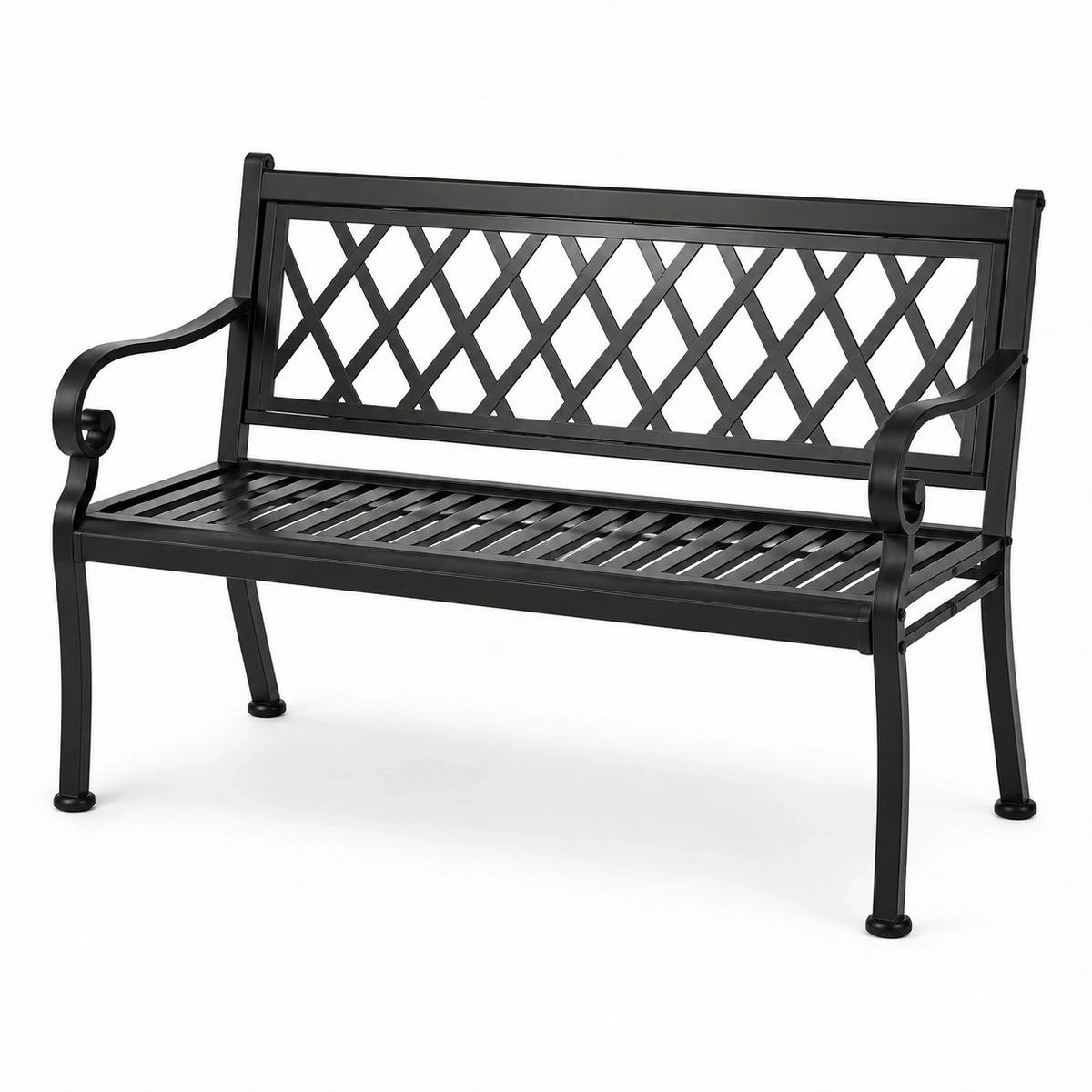 Banc de jardin en métal noir 127 x 60 x 87 cm avec dossier en treillis et accoudoirs