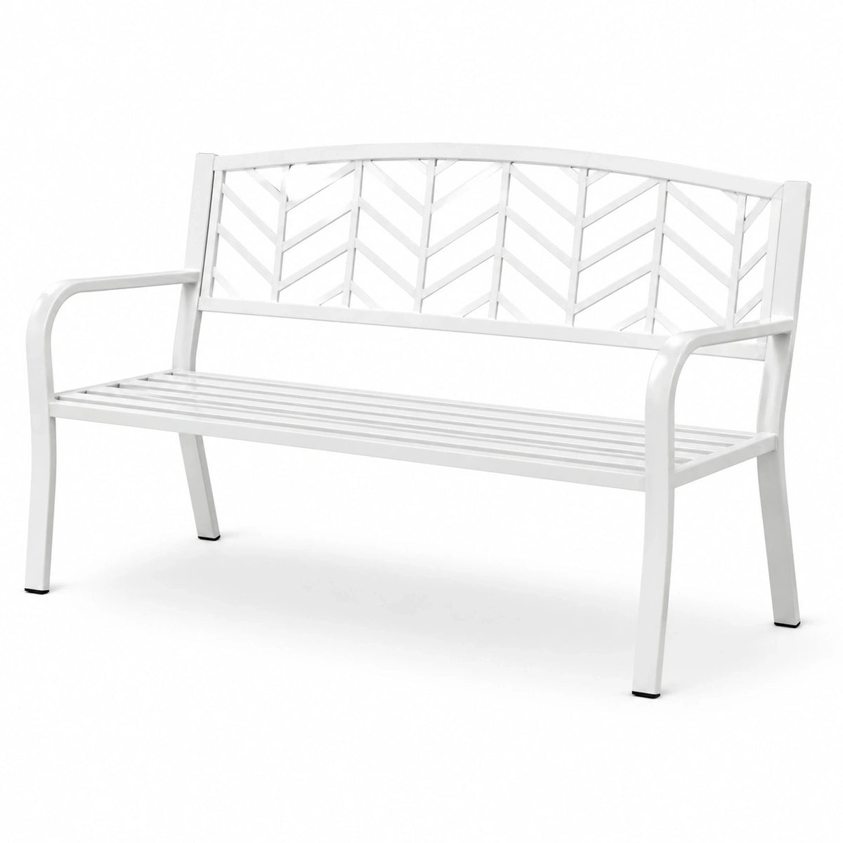 Banc de jardin en métal blanc 127 x 60 x 85 cm avec dossier à chevrons et accoudoirs