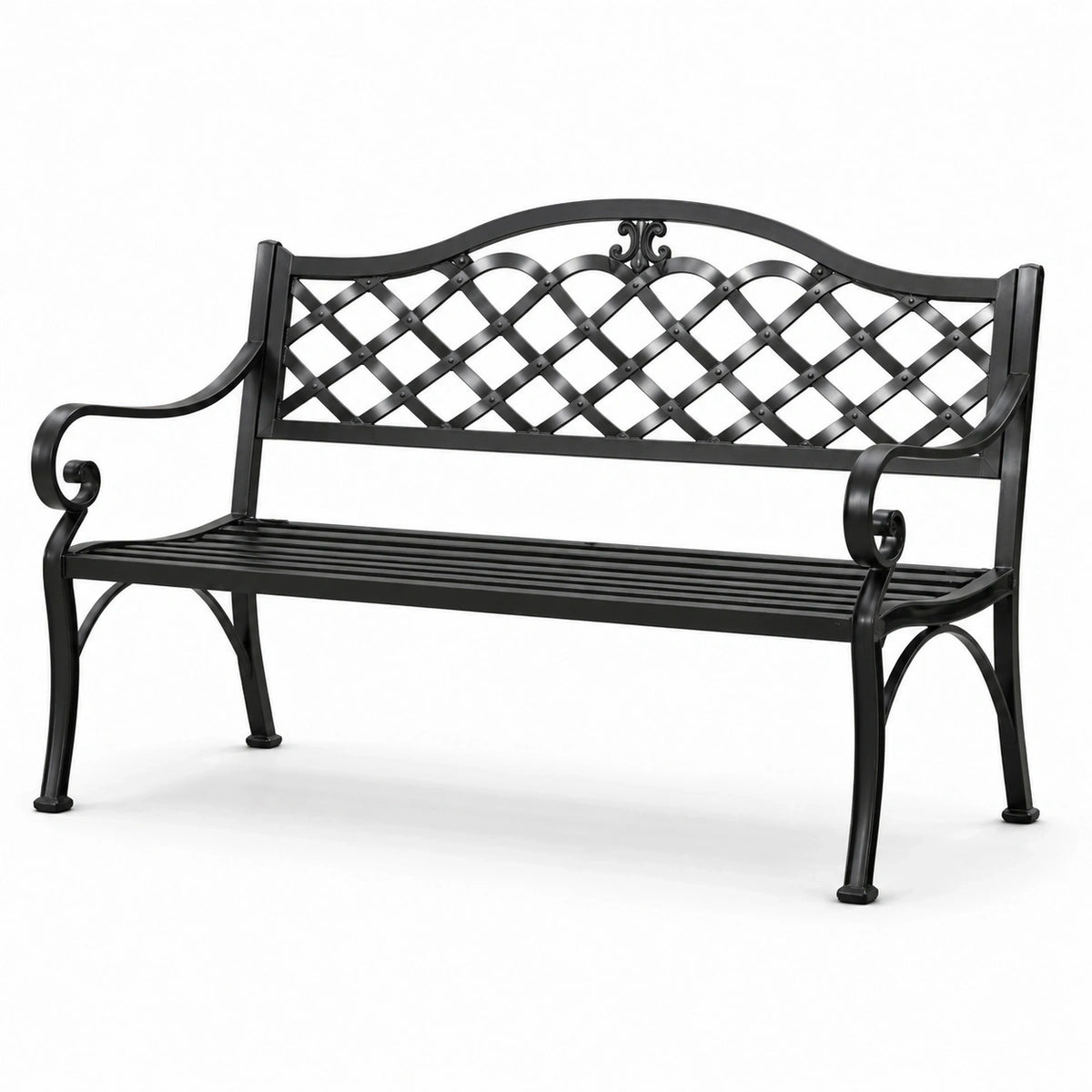 Banc de jardin en métal noir avec dossier ajouré, 127 x 60 x 85 cm