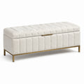 Banc coffre de rangement capitonné en tissu bouclé ivoire et métal doré, 120 x 45 x 50 cm