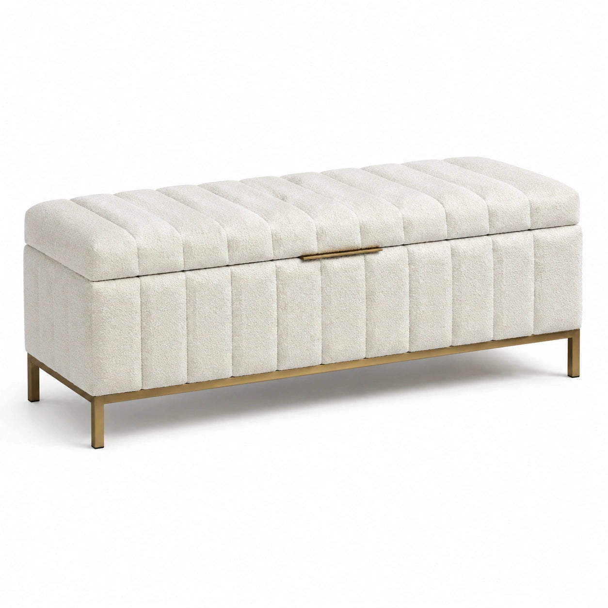 Banc coffre de rangement capitonné en tissu bouclé ivoire et métal doré, 120 x 45 x 50 cm