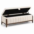Banc coffre de rangement avec assise rembourrée en tissu bouclé écru et structure en bois marron, 120 x 45 x 48 cm
