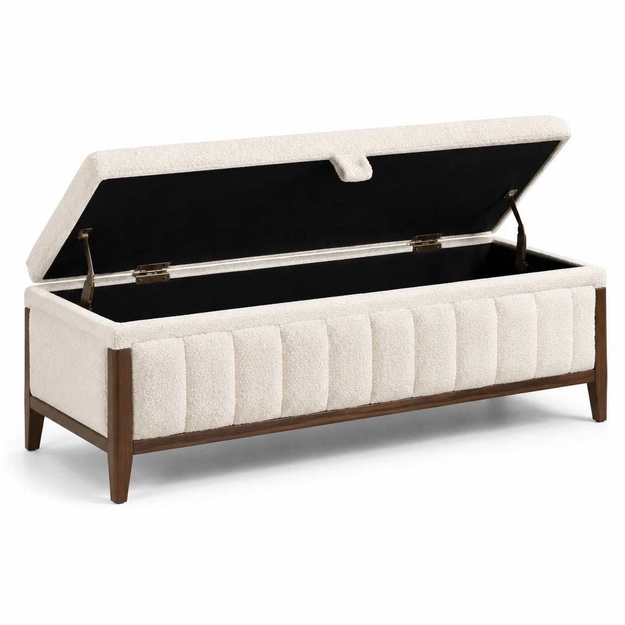Banc coffre de rangement avec assise rembourrée en tissu bouclé écru et structure en bois marron, 120 x 45 x 48 cm