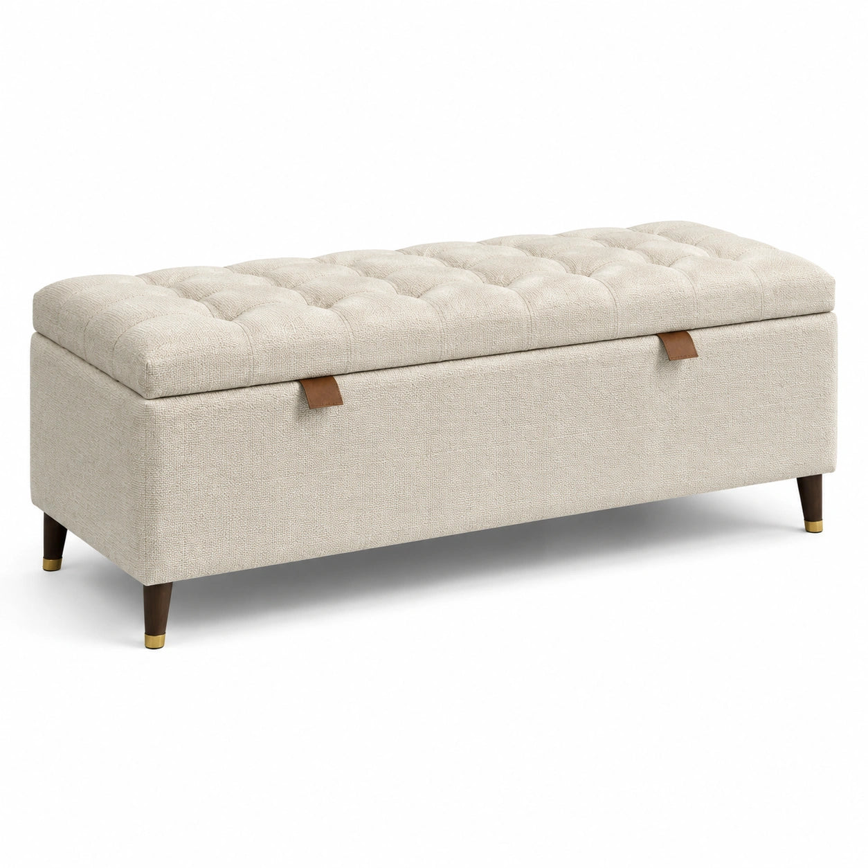 Banc coffre de rangement capitonné en tissu beige, 120 x 45 x 50 cm