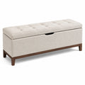Banc coffre de rangement avec assise capitonnée en tissu beige et pieds en bois marron, 120 x 40 x 50 cm