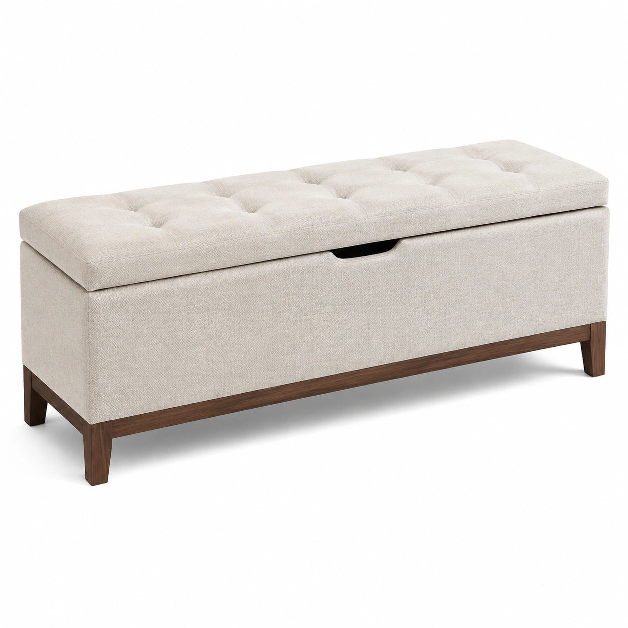 Banc coffre de rangement avec assise capitonnée en tissu beige et pieds en bois marron, 120 x 40 x 50 cm