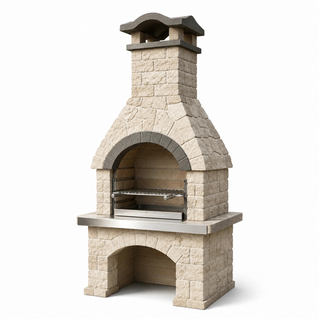 Barbecue de jardin avec cheminée en béton beige et acier gris argenté, 110 x 65 x 220 cm, style rustique