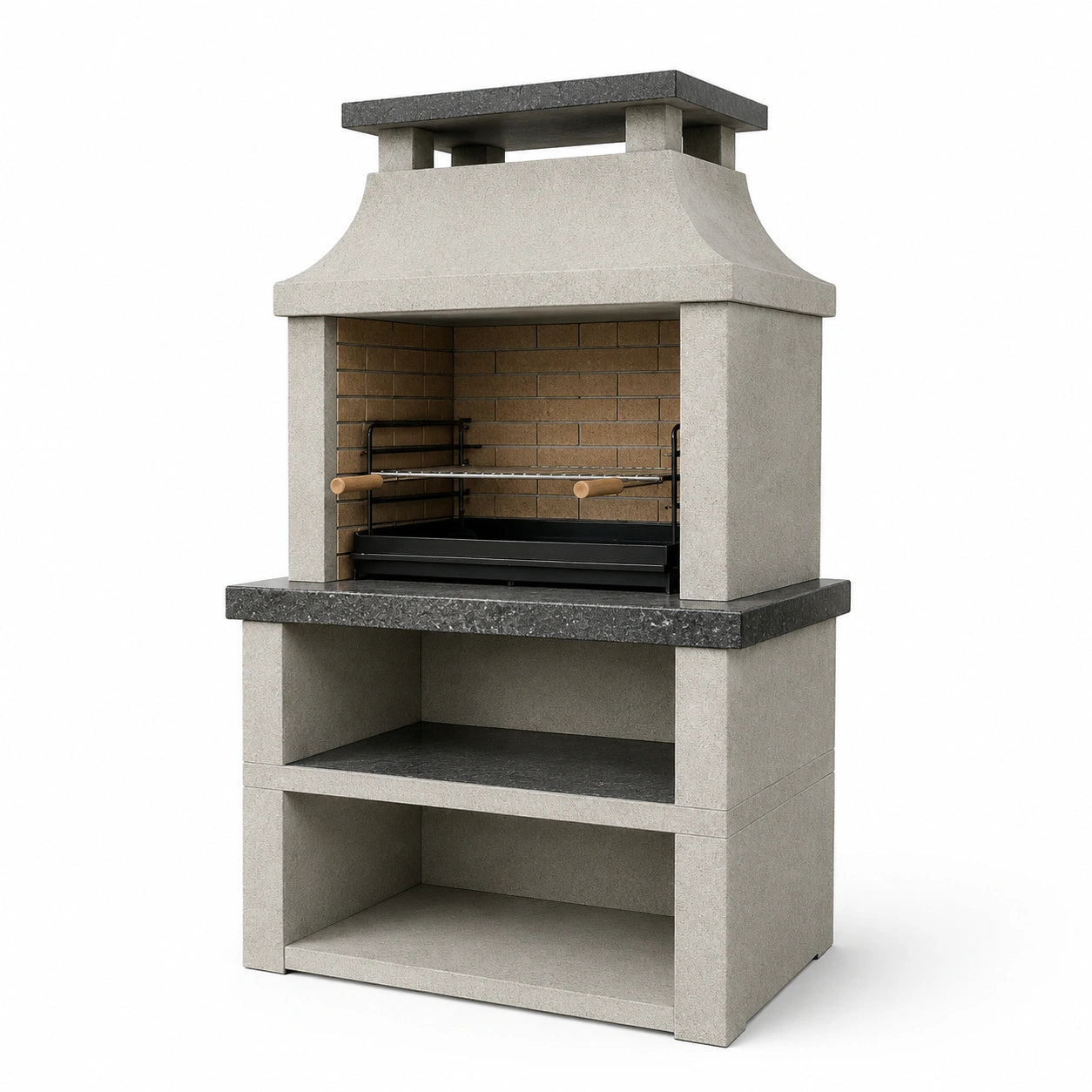 Barbecue fixe d'extérieur gris clair, gris anthracite, marron et noir 110 x 65 x 210 cm avec cheminée et tournebroche