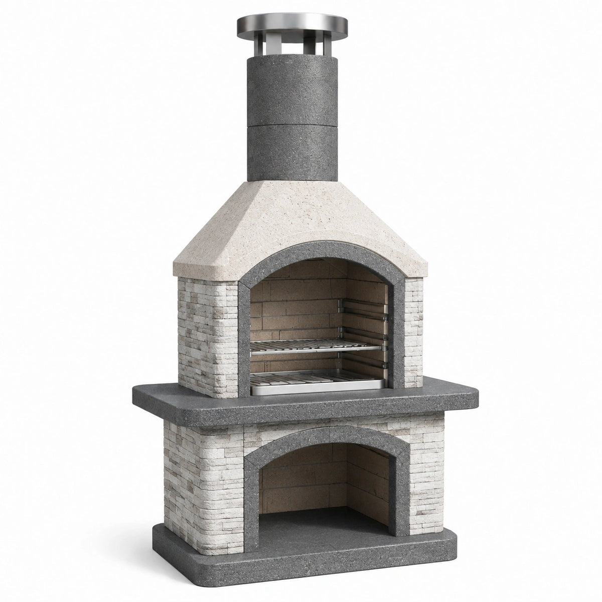 Barbecue fixe d'extérieur en pierre reconstituée blanc, gris et brun, 110 x 65 x 220 cm, avec cheminée et deux grilles réglables