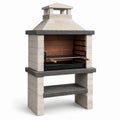 Barbecue fixe de jardin en béton blanc et acier noir avec cheminée, 110 x 65 x 220 cm