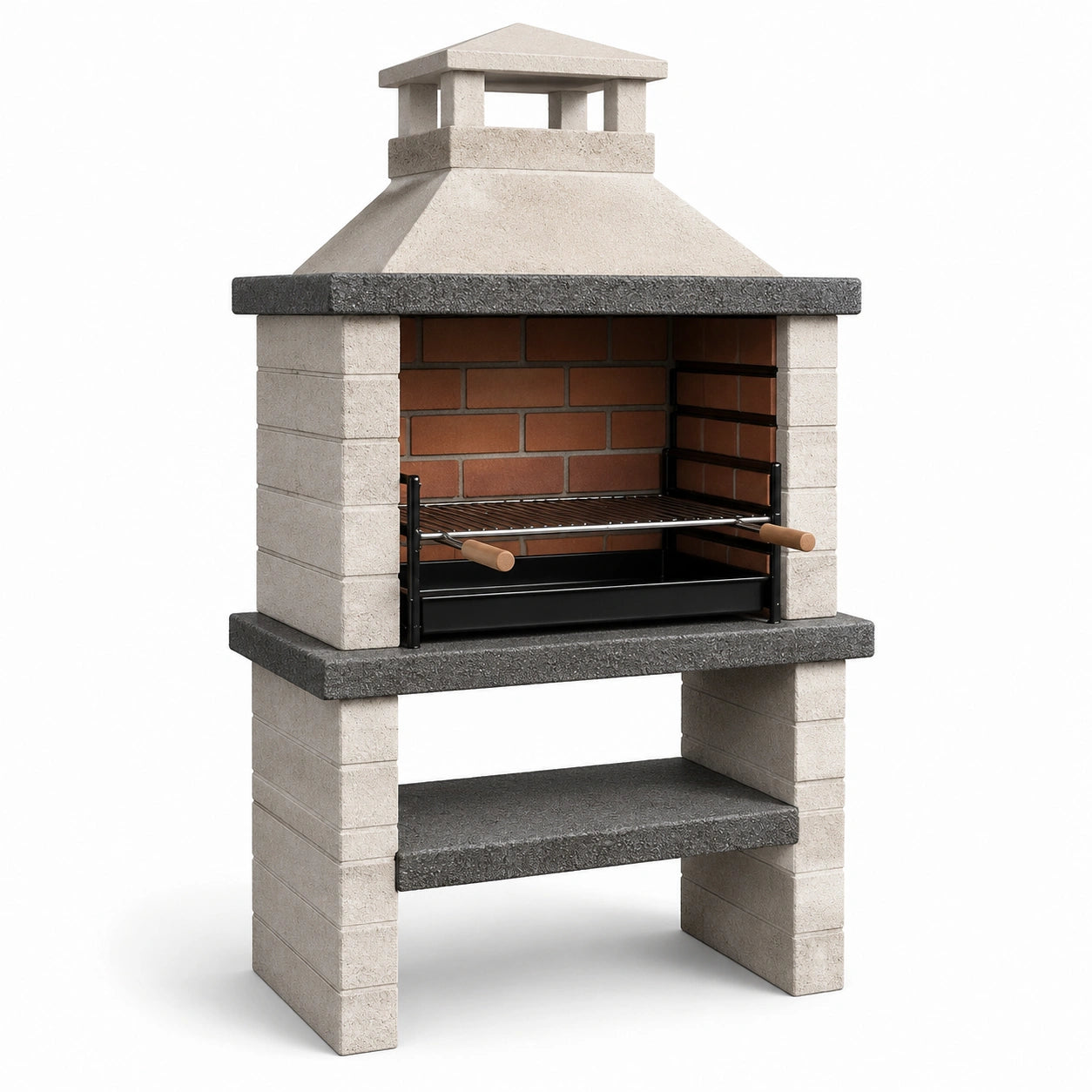 Barbecue fixe de jardin en béton blanc et acier noir avec cheminée, 110 x 65 x 220 cm