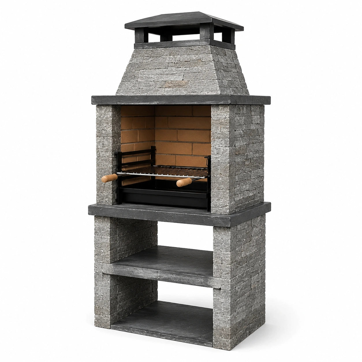 Barbecue de jardin fixe en béton effet pierre gris, noir et marron, 110 x 65 x 220 cm, avec grille réglable et cheminée