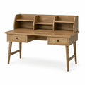 Bureau effet chêne avec cannage naturel, 2 tiroirs et étagères, marron naturel et beige, 120 x 60 x 110 cm