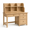Bureau effet chêne clair avec 4 tiroirs et rangements ouverts, 120 x 60 x 145 cm