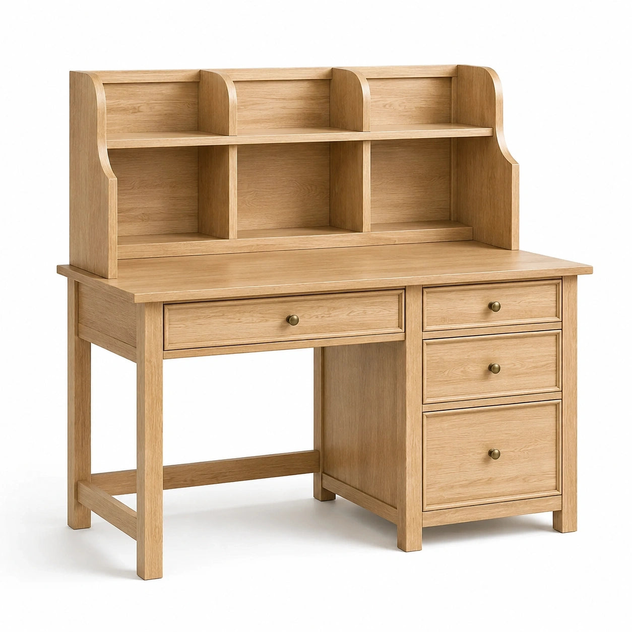 Bureau effet chêne clair avec 4 tiroirs et rangements ouverts, 120 x 60 x 145 cm