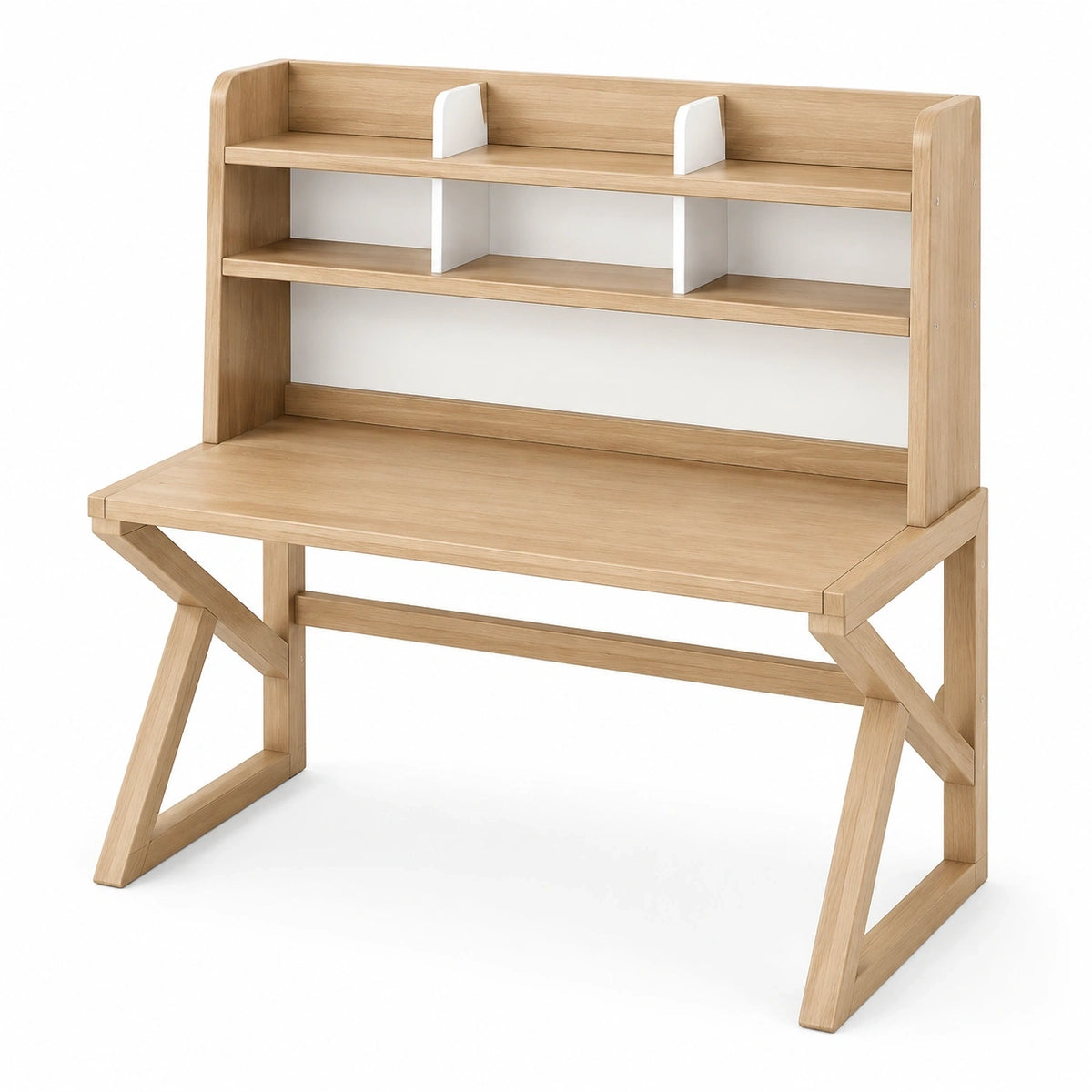 Bureau moderne avec étagère et compartiments ouverts, bois clair et blanc, 120 x 60 x 140 cm