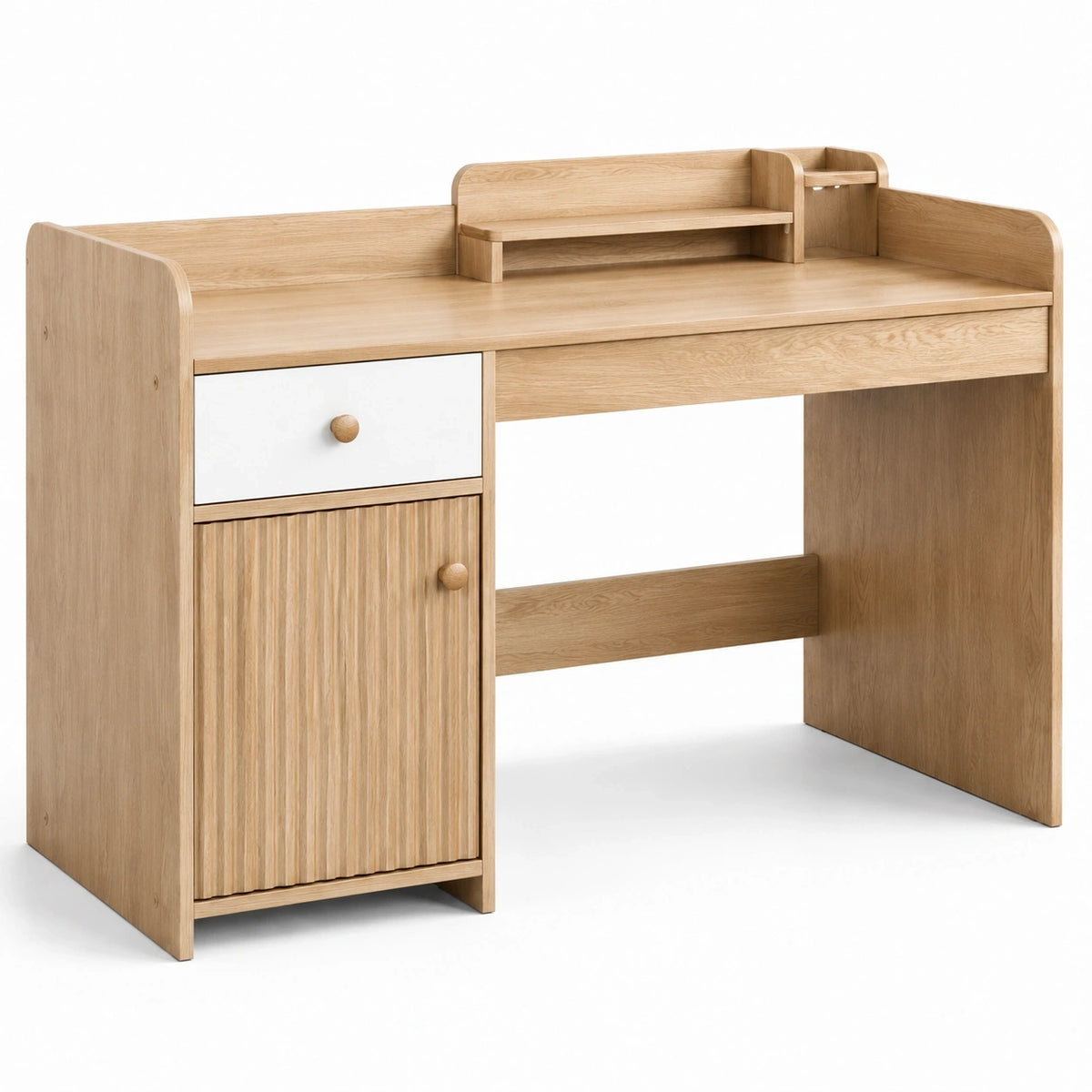 Bureau en bois d'ingénierie avec tiroir, placard et tablette, 120 x 60 x 100 cm, chêne clair et blanc